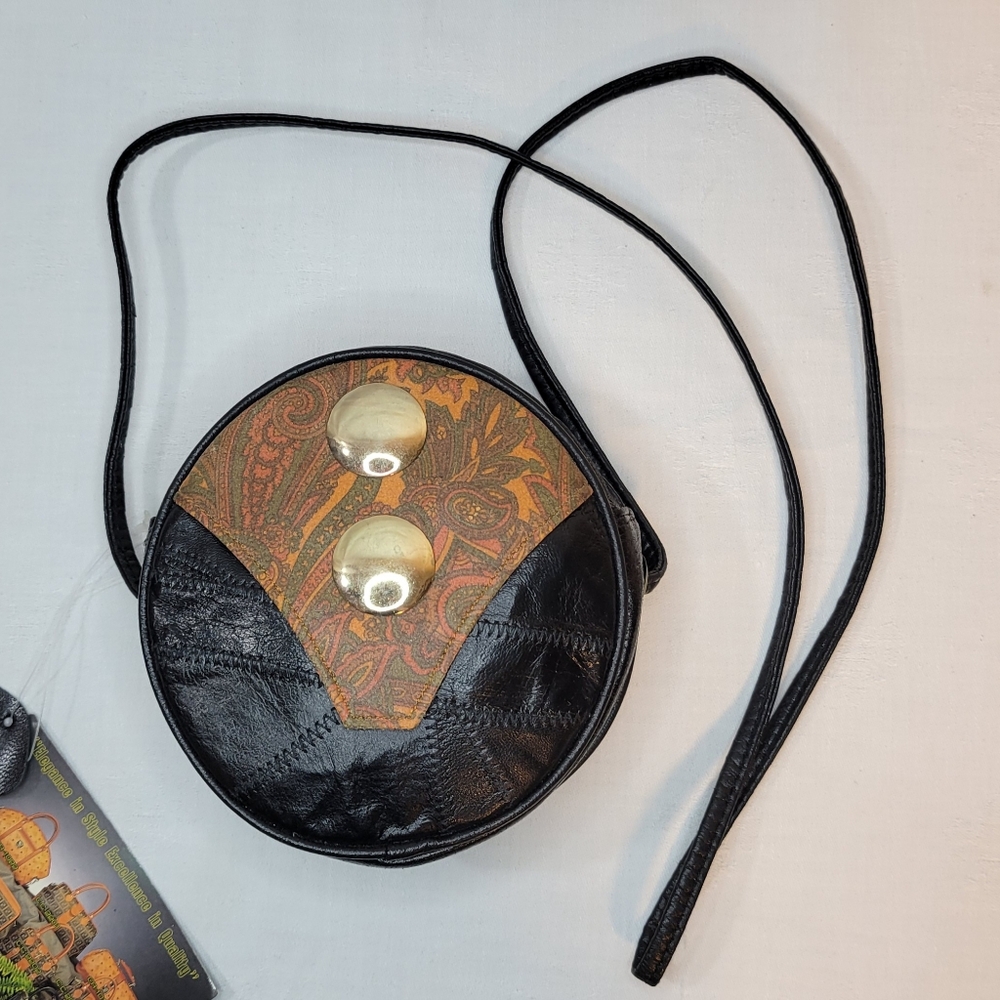 VTG NOS: Vintage 1990's Black Leather Patchwork Round Drum Mini Crossbody Bag